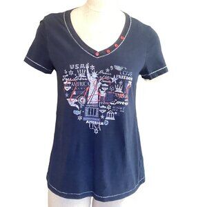 Fresh Bleu V-Neck Graphic Tee Buttons America USA Love Heart Freedom Sz M 157J
